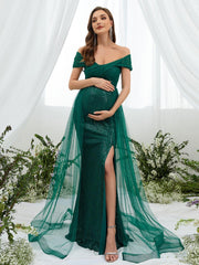 Maternity Off Shoulder Split Sequin Mermaid Dress - Elonnashop