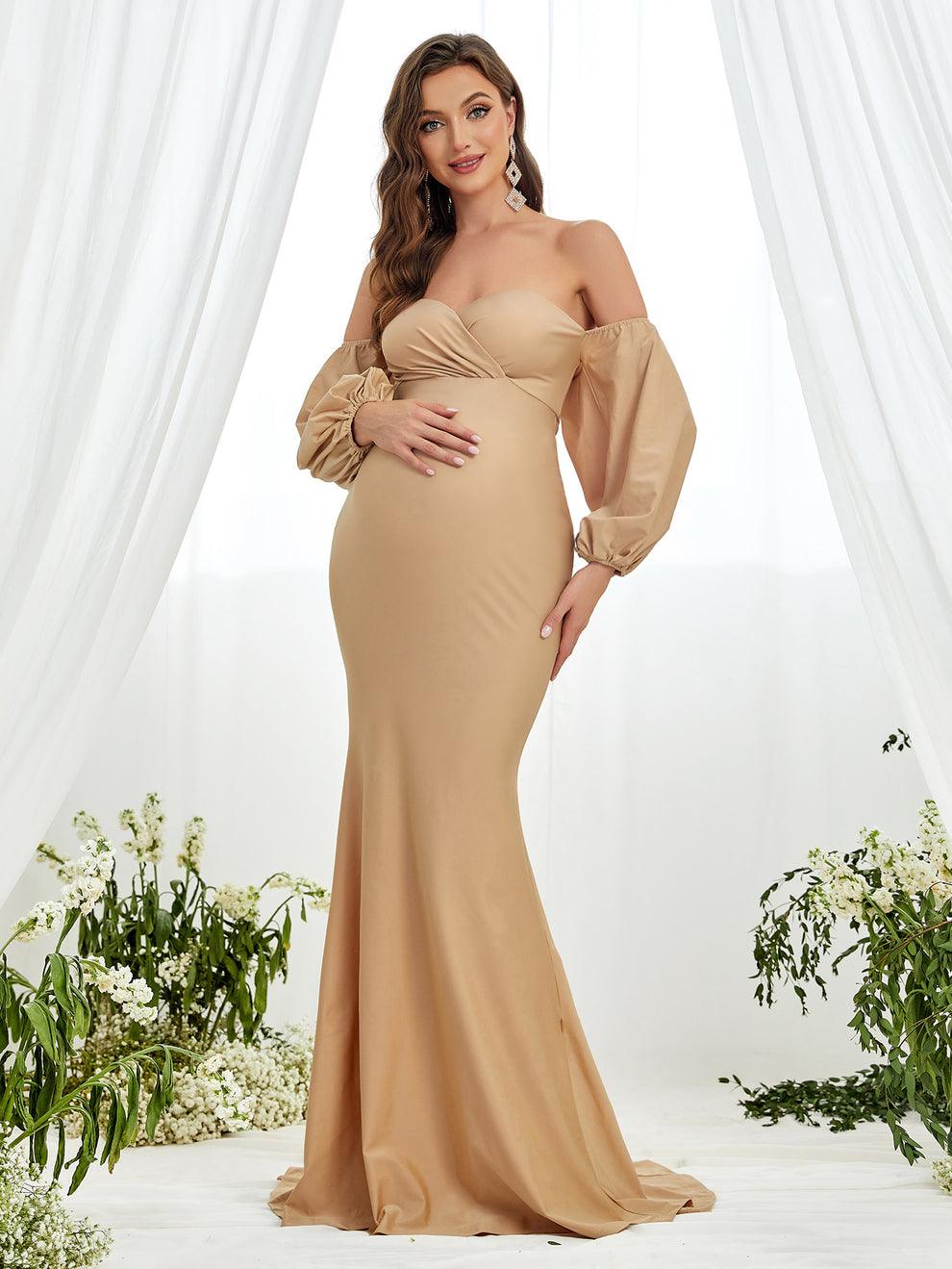 Maternity Off Shoulder Lantern Sleeve Mermaid Dress - Elonnashop