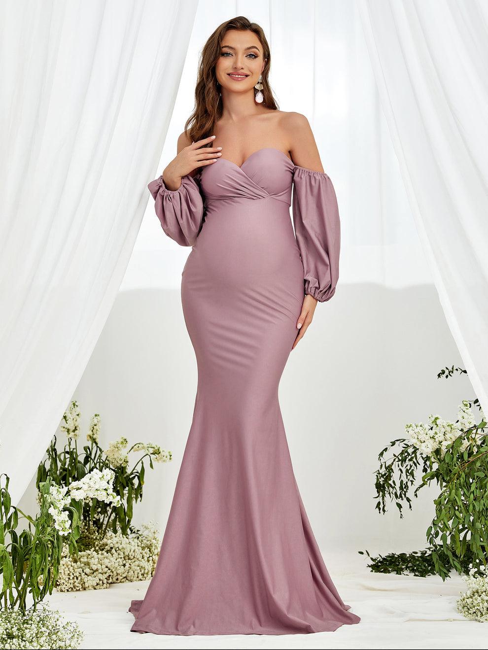 Maternity Off Shoulder Lantern Sleeve Mermaid Dress - Elonnashop