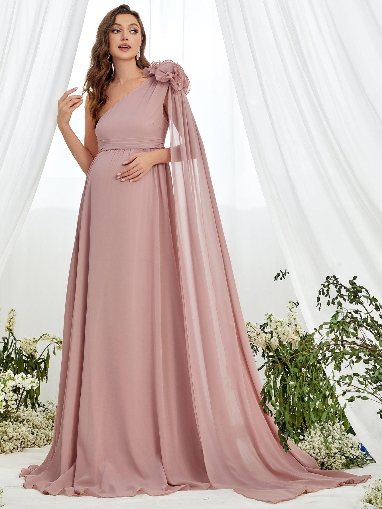 Maternity Stereo Flower Decor One Shoulder Chiffon Dress - Elonnashop