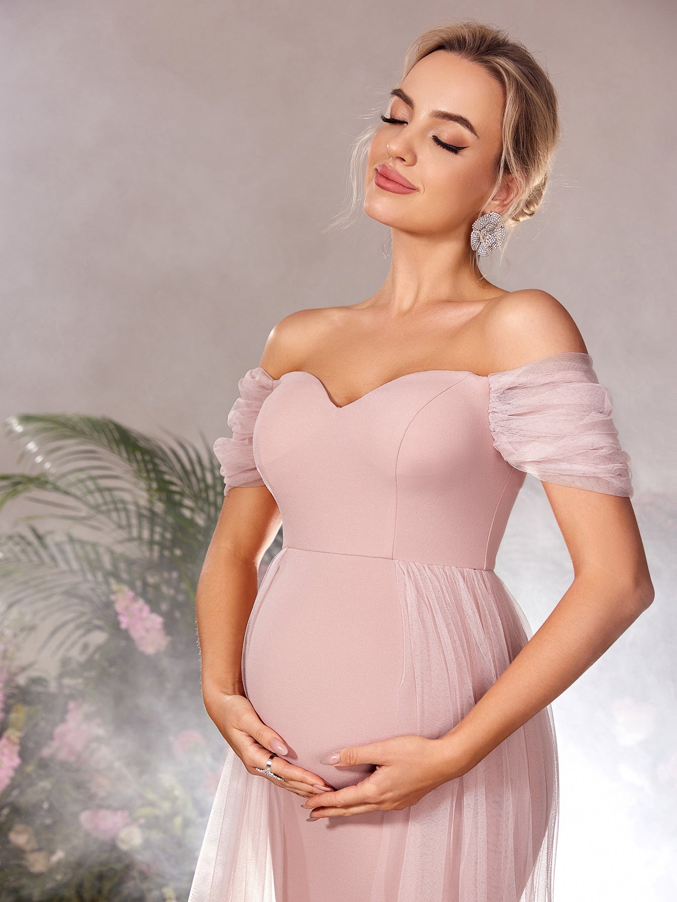 Maternity Off Shoulder Mermaid Hem Mesh Overlay Evening Dress