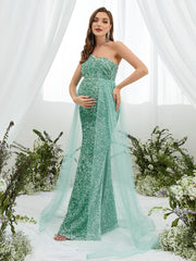 Maternity One Shoulder Mesh Overlay Sequin Party Dress - Elonnashop