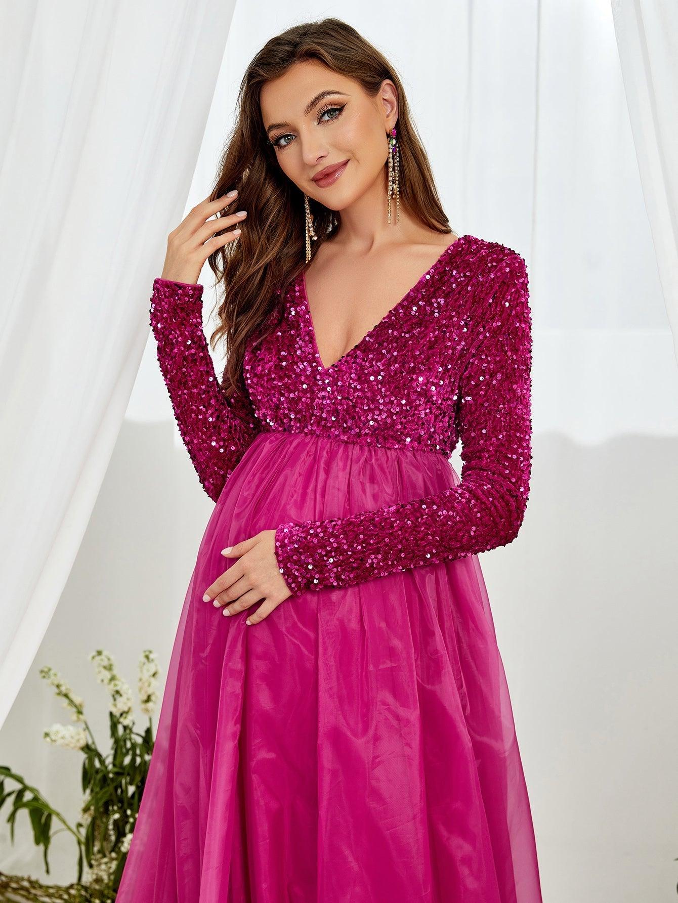 Maternity V Neck Long Sleeve Organza Hem Formal Dress - Elonnashop