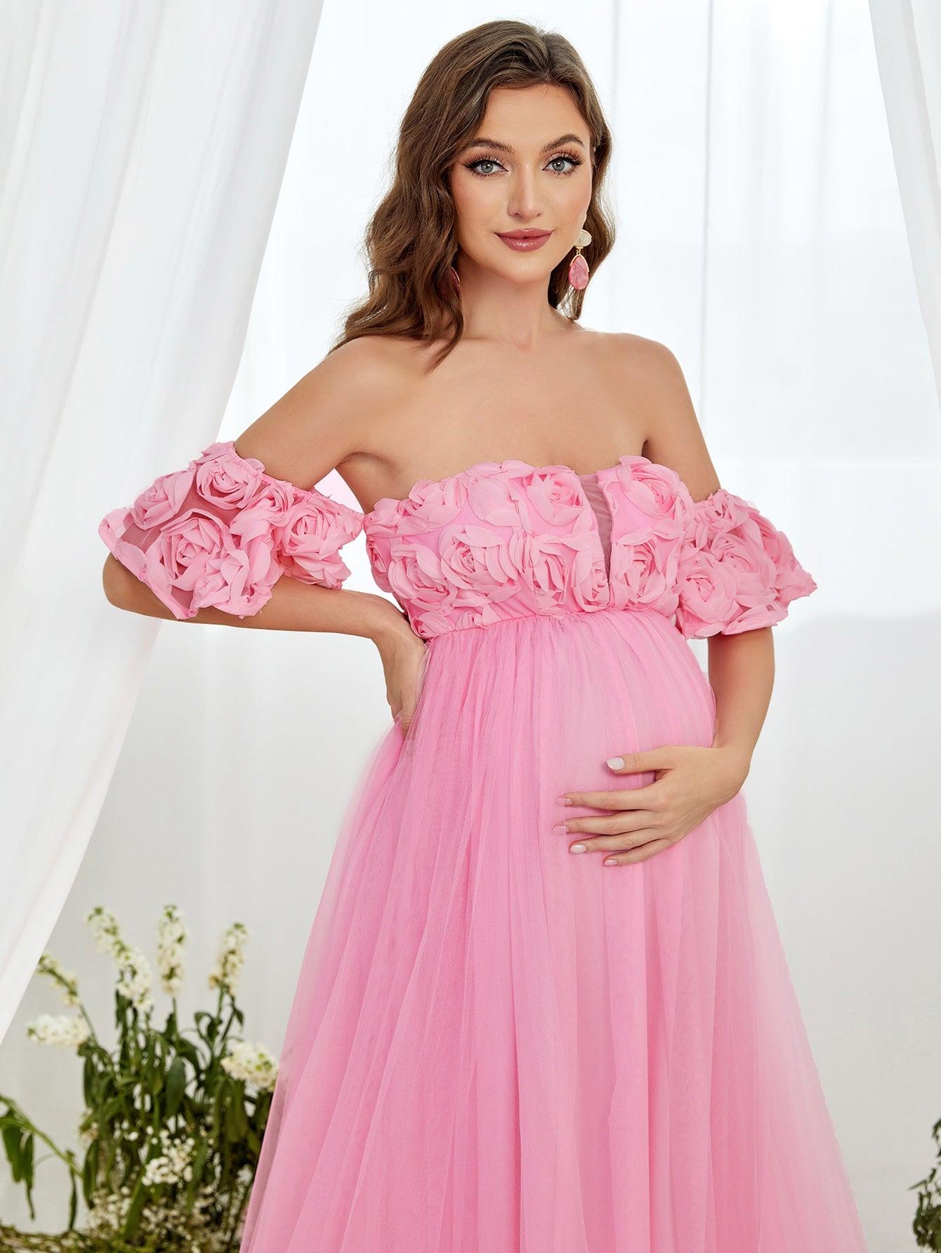 Maternity Flower Applique Off Shoulder Mesh A Line Dress - Elonnashop