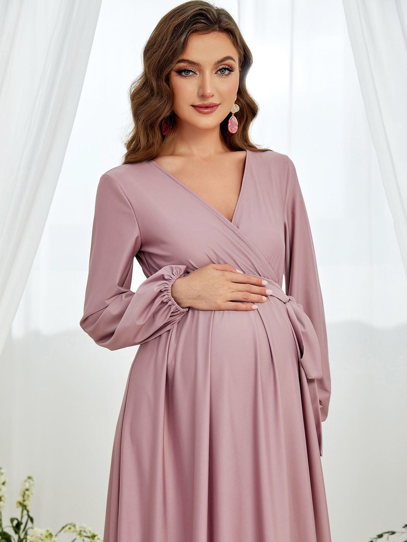 Maternity Surplice Neck A Line Belted Dress - Elonnashop