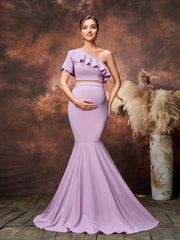 Maternity One Shoulder Cropped Top &  Mermaid Hem Skirt Two Piece Set