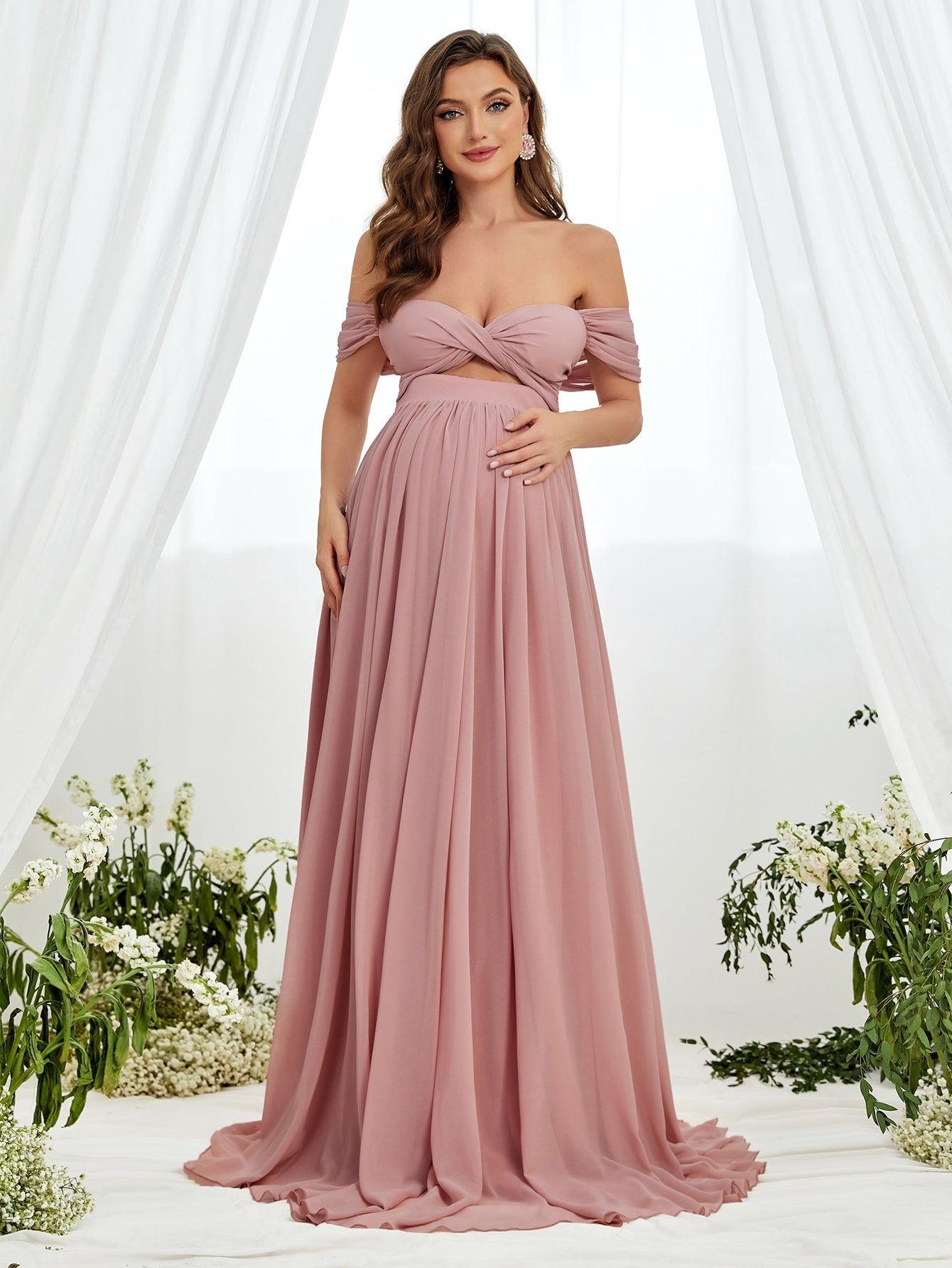 Maternity Off Shoulder Cut Out Front Chiffon Dress - Elonnashop