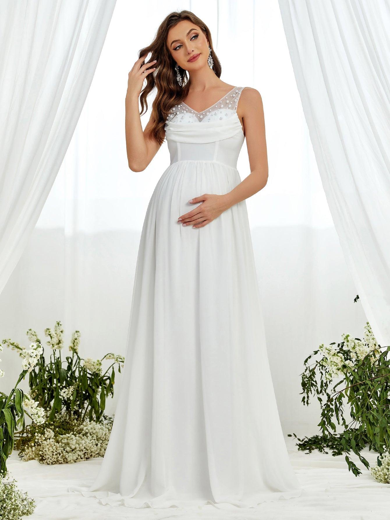 Maternity Pearl Details Sleeveless Chiffon Wedding Dress - Elonnashop