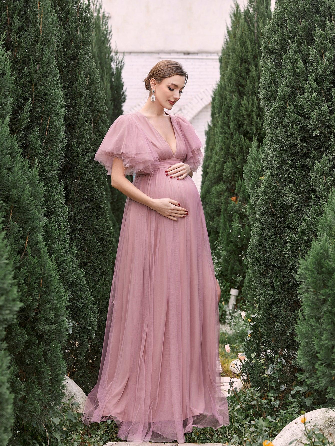 Maternity V Neck Layered Ruffle Sleeves Split Prom Dress - Elonnashop