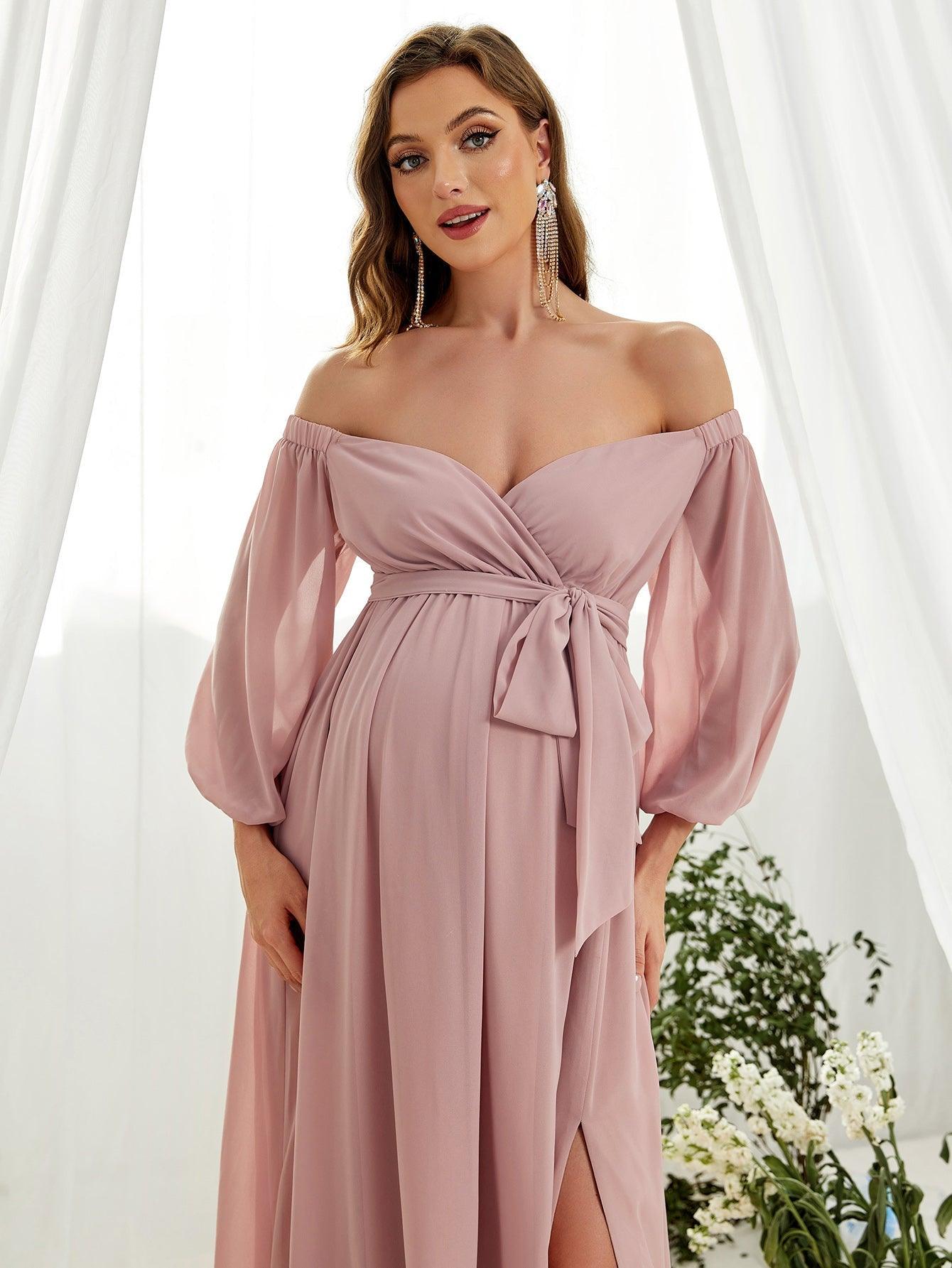 Maternity Off Shoulder Lantern Sleeve Chiffon Belted Dress - Elonnashop