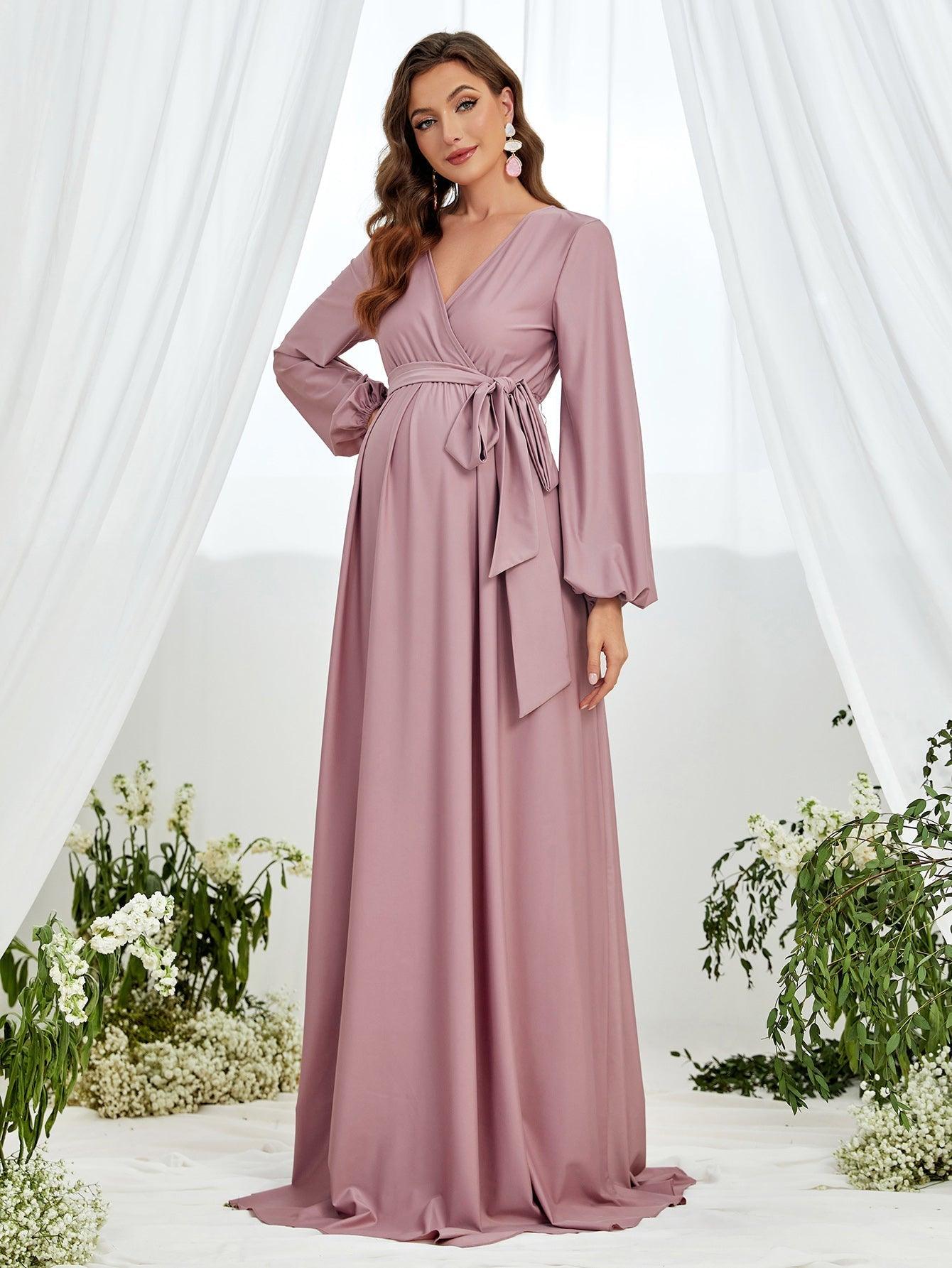 Maternity Surplice Neck A Line Belted Dress - Elonnashop