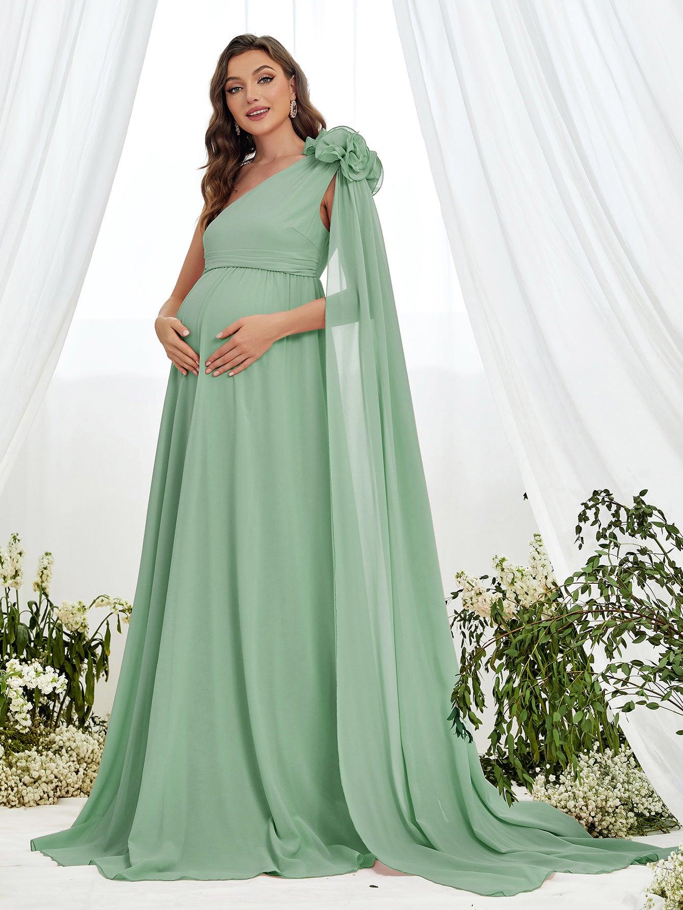 Maternity Stereo Flower Decor One Shoulder Chiffon Dress - Elonnashop