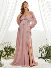 Maternity Off Shoulder Lantern Sleeve Chiffon Belted Dress - Elonnashop