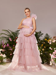 Maternity One Shoulder Ruffle Layered Hem Tulle Prom Dress