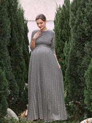 Maternity Glitter 3/4 Sleeves Pleated A Line Dress - Elonnashop