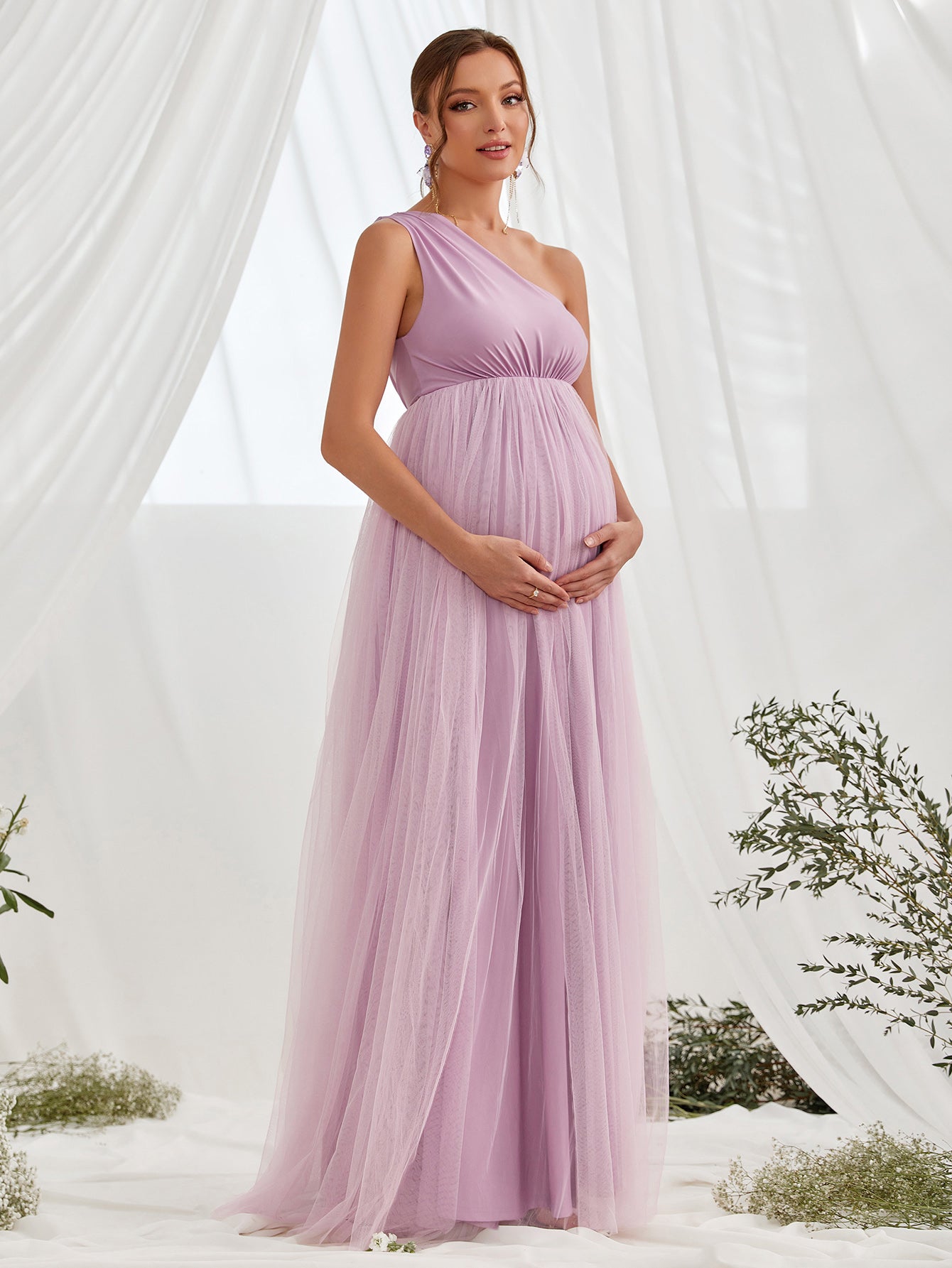 Maternity One Shoulder Sleeveless Contrast Mesh Evening Dress