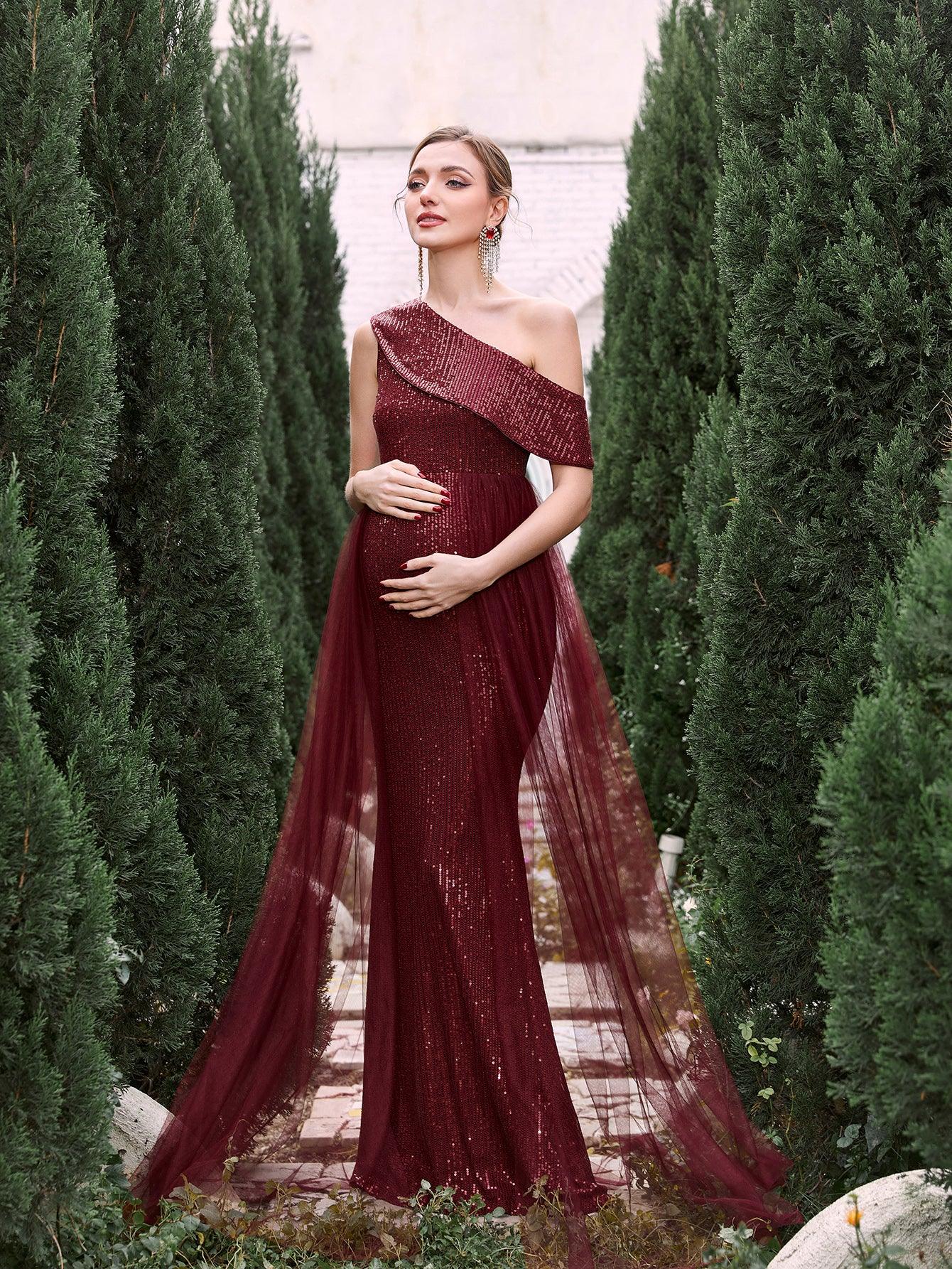 Maternity Sloping Collar Mesh Overlay Sequin Formal Dress - Elonnashop