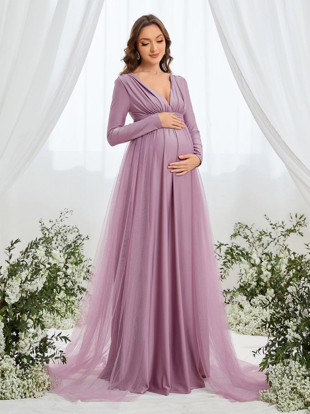 Maternity Plunging Neck Long Sleeve Contrast Mesh Formal Dress - Elonnashop