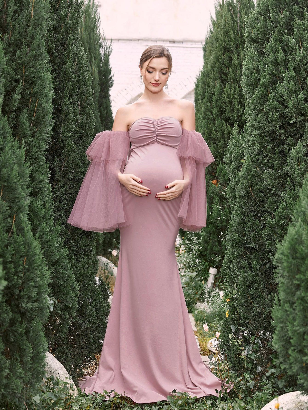 Maternity Mesh Sleeves Mermaid Hem Tube Prom Dress - Elonnashop