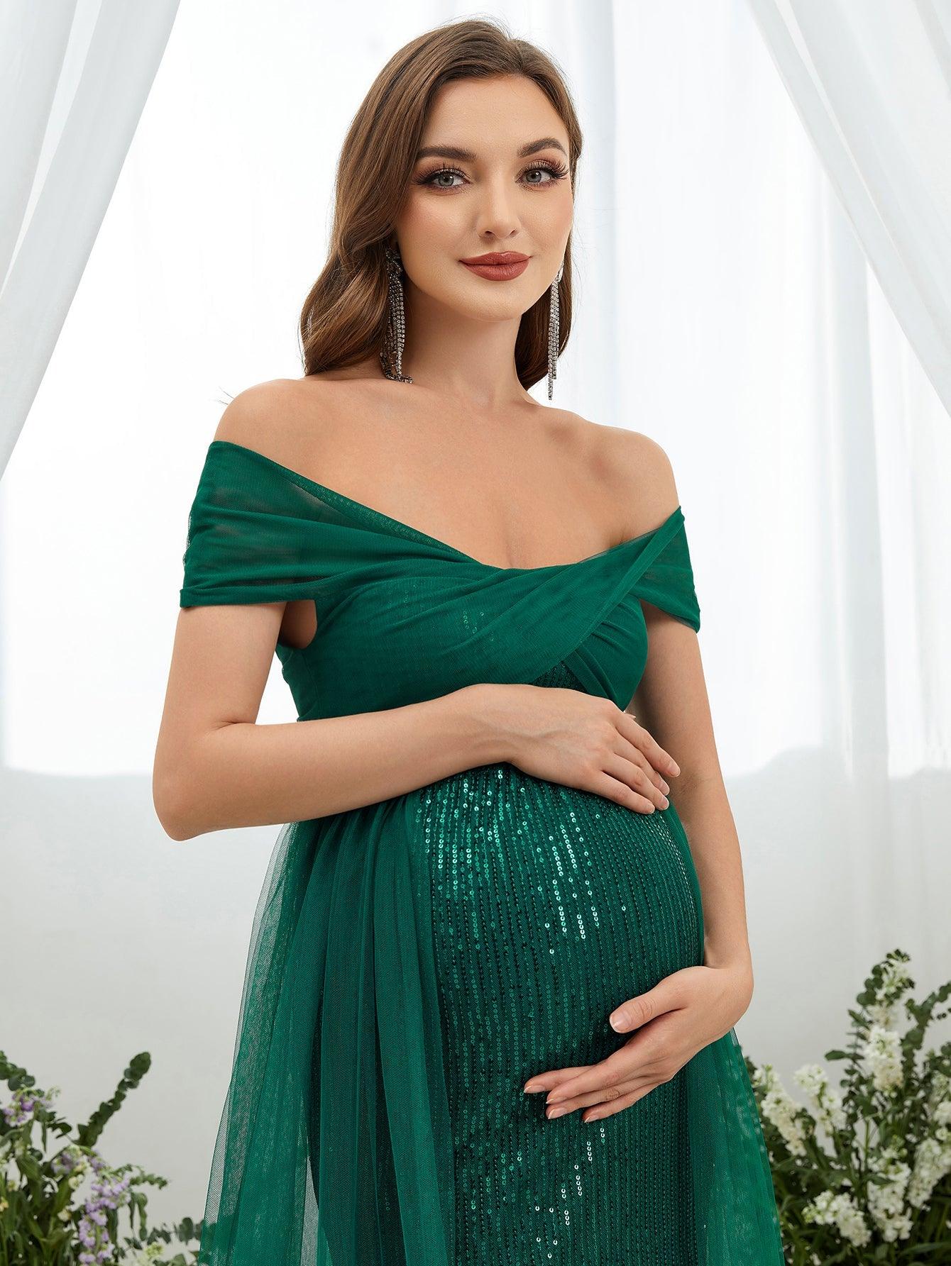 Maternity Off Shoulder Split Sequin Mermaid Dress - Elonnashop