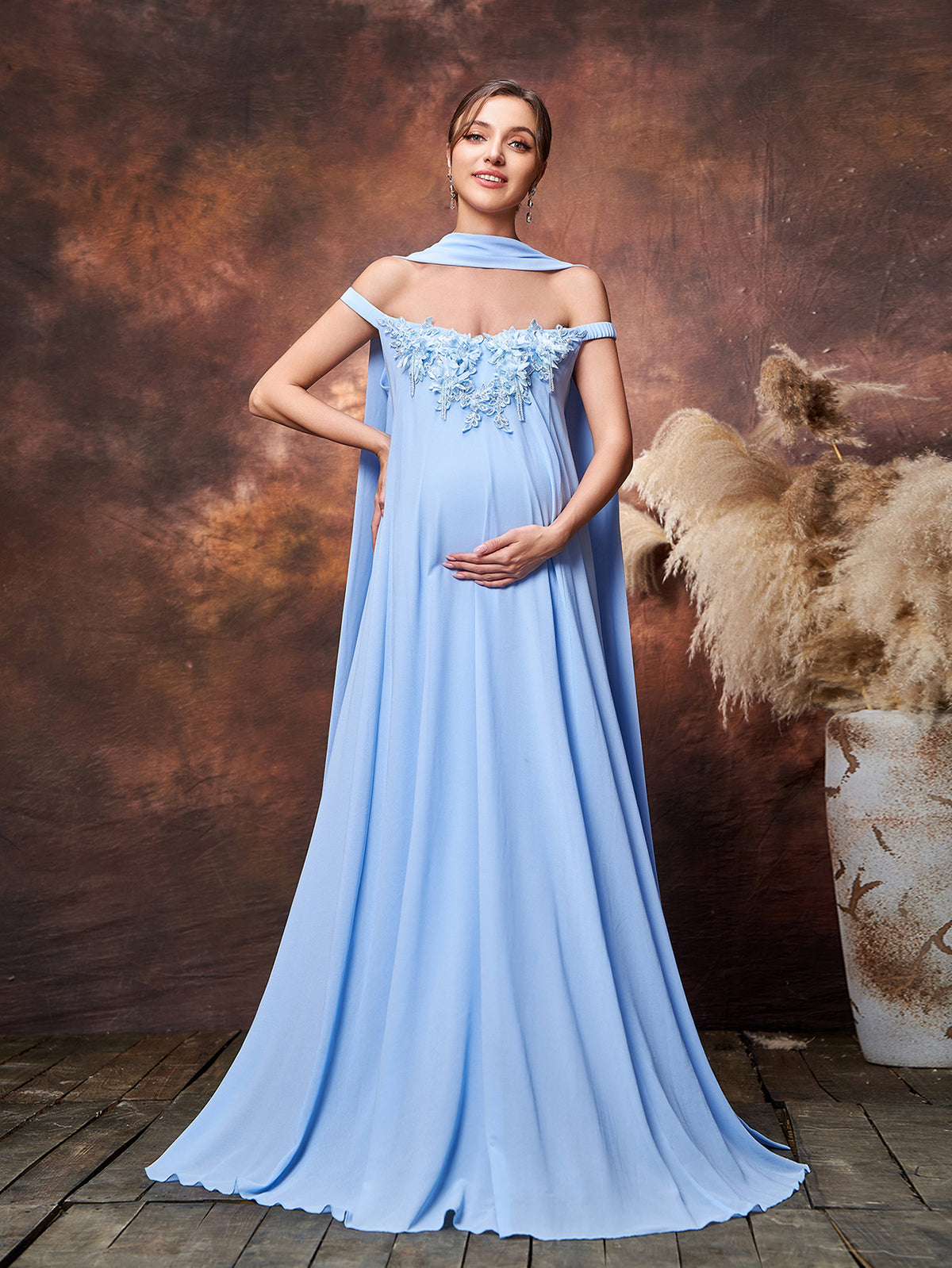 Maternity Applique Detail Choker Neck Chiffon Party Dress