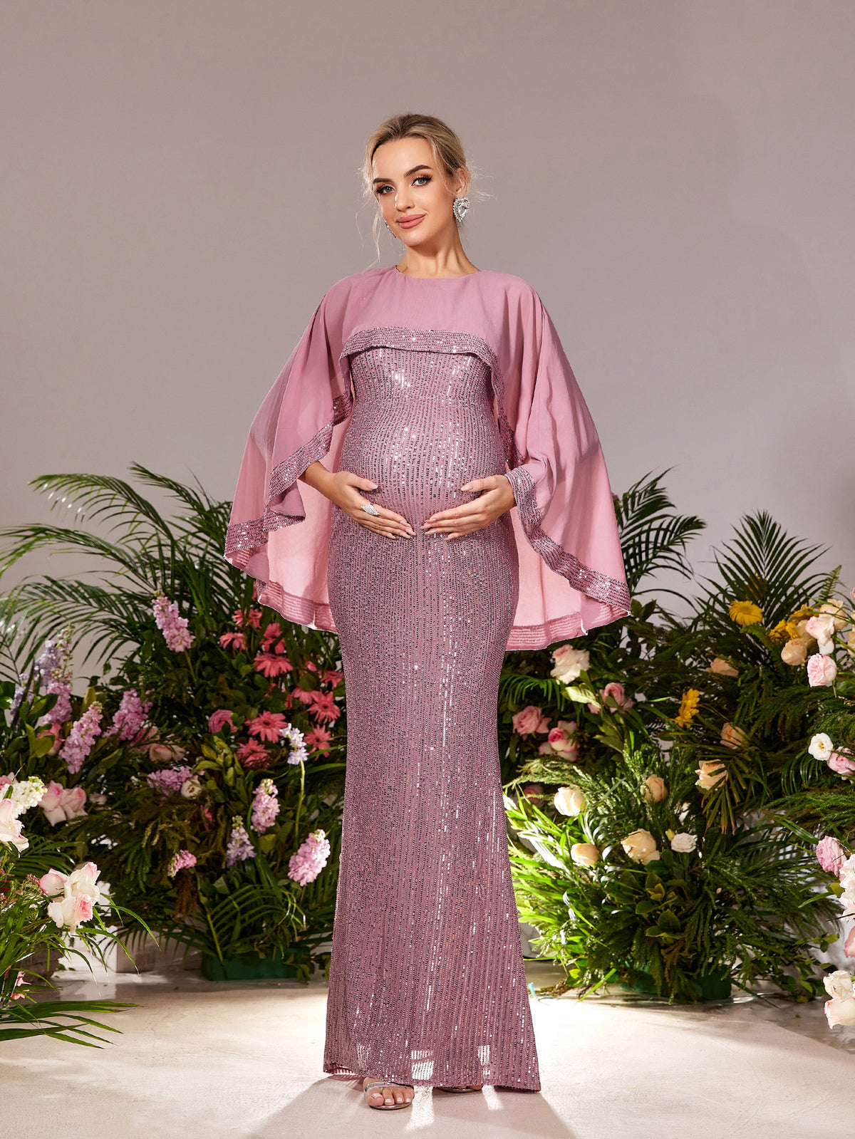 Maternity Round Neck Cape Sleeves Mermaid Hem Sequin Evening Dress