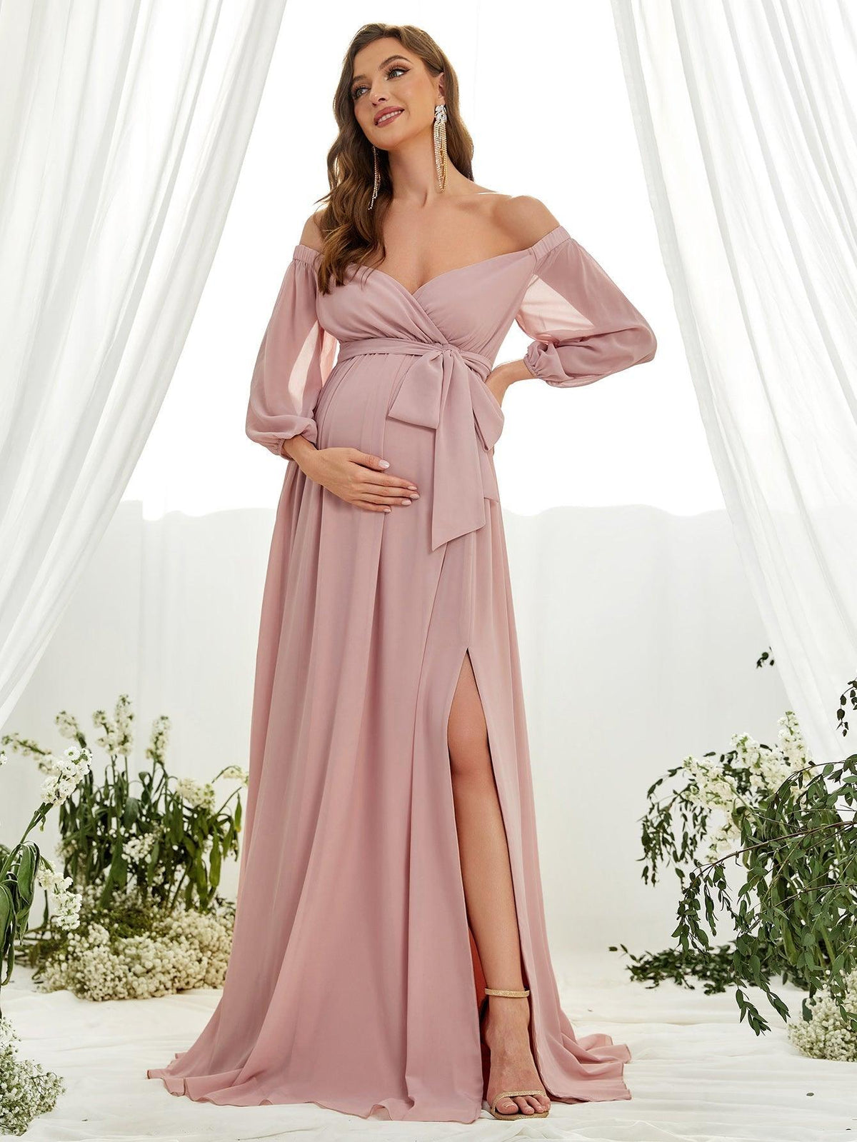 Maternity Off Shoulder Lantern Sleeve Chiffon Belted Dress - Elonnashop