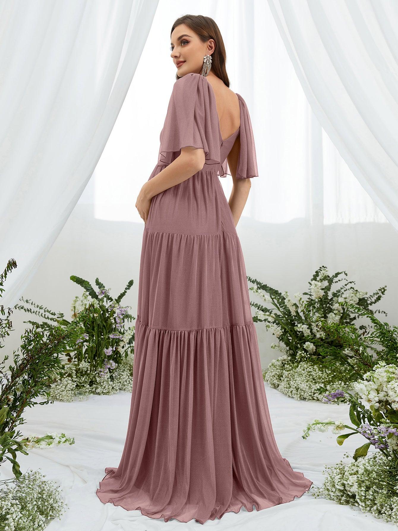 Maternity Plunging Neck Butterfly Sleeve Ruffle Hem Dress - Elonnashop