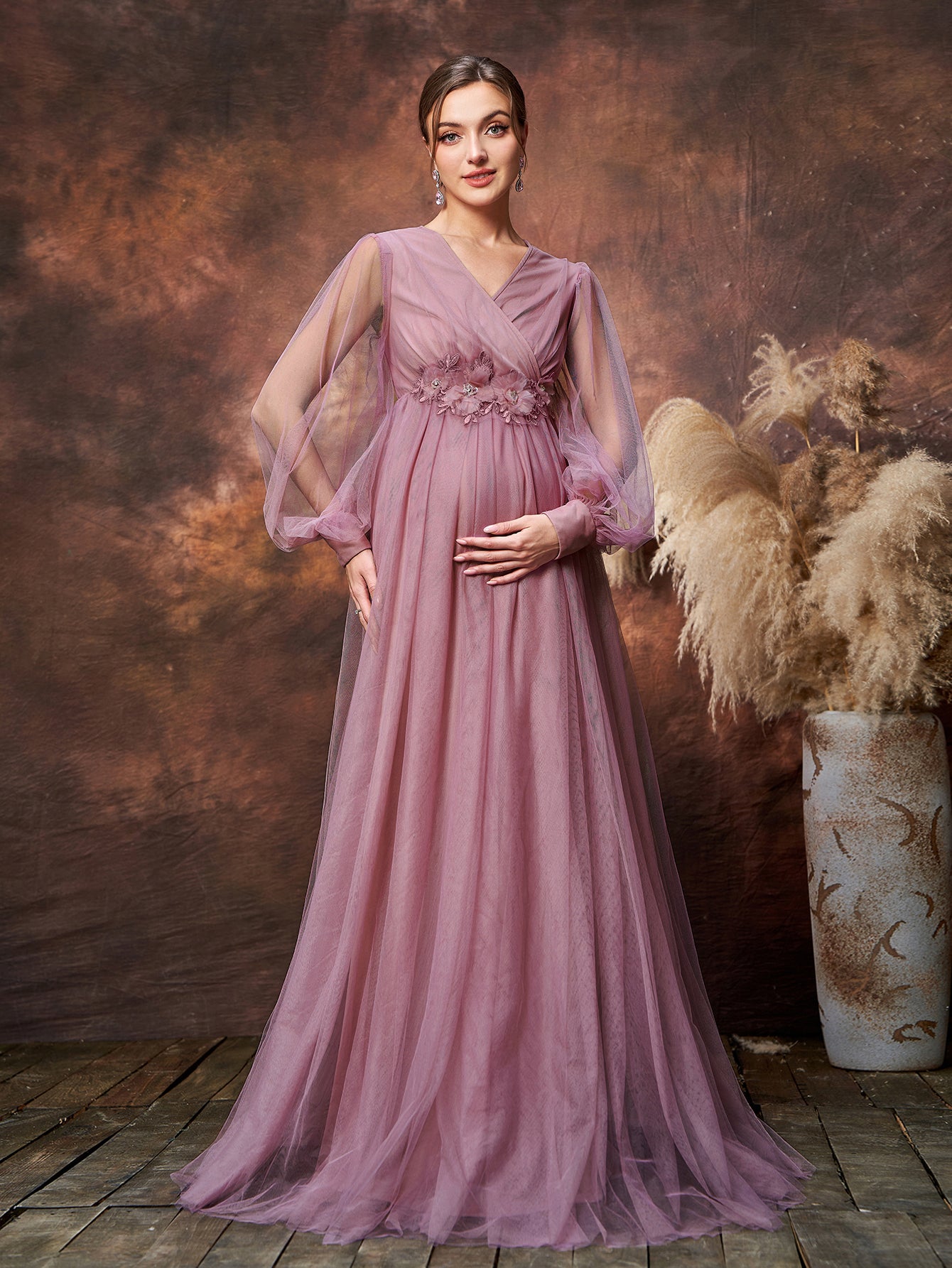 Maternity Applique Detail V Neck Lantern Sleeves Mesh Evening Dress