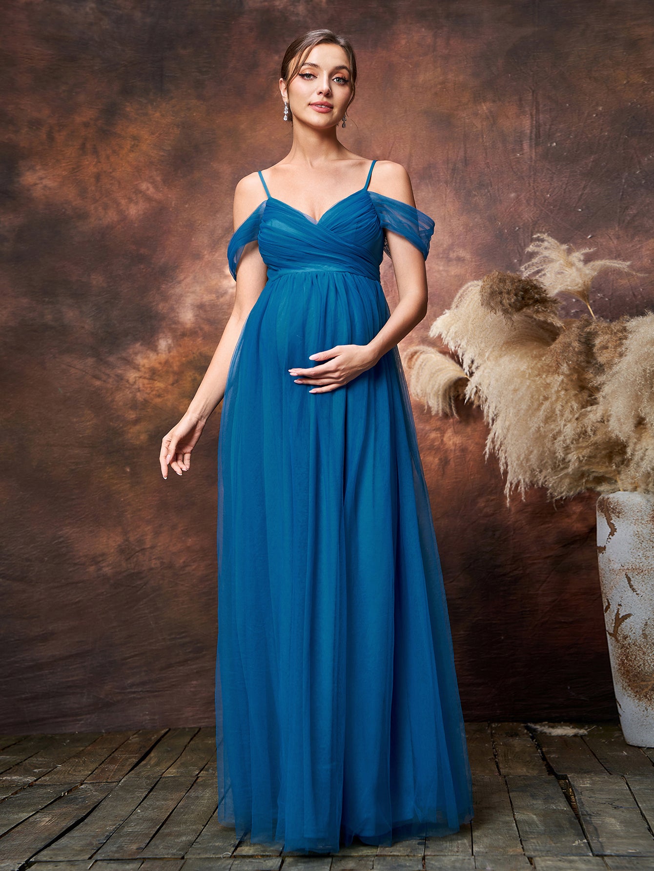 Maternity Cold Shoulder Ruched Bust Tulle Cami Party Dress