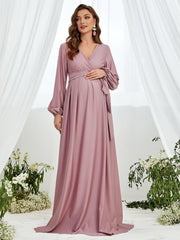 Maternity Surplice Neck A Line Belted Dress - Elonnashop