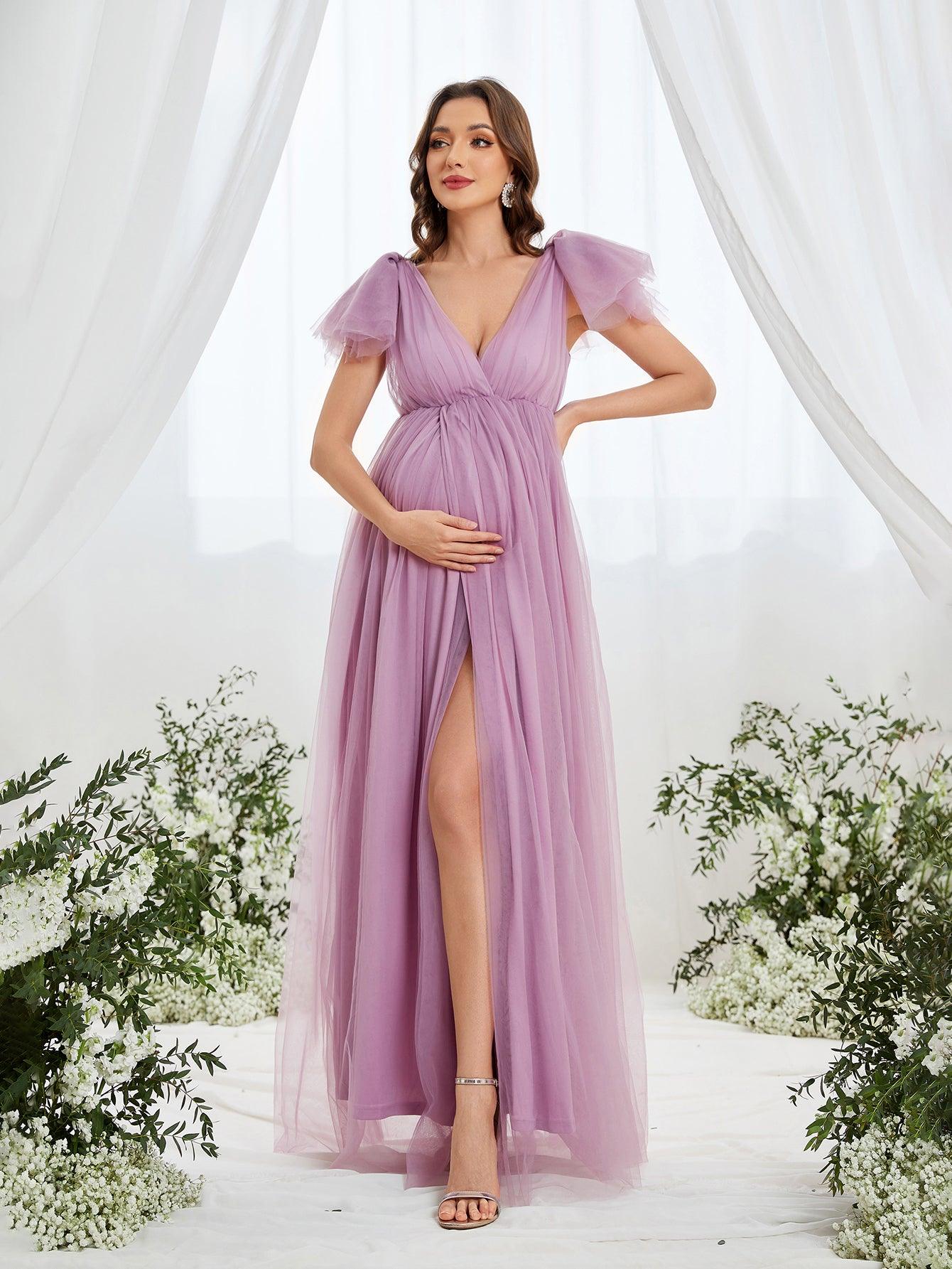 Maternity Plunging Neck Ruffle Sleeve Mesh Slit Dress - Elonnashop