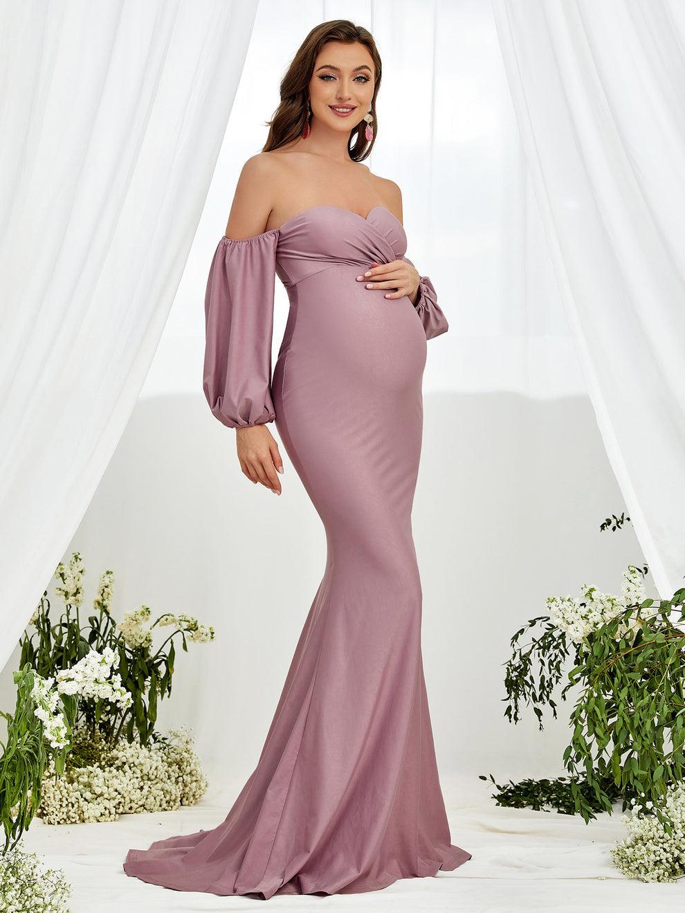 Maternity Off Shoulder Lantern Sleeve Mermaid Dress - Elonnashop