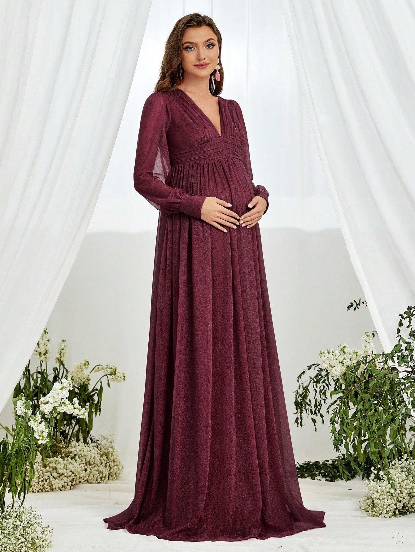 Maternity V Neck Lantern Sleeve A Line Dress - Elonnashop