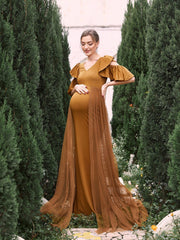 Maternity V Neck Ruffle Sleeves Mesh Overlay Mermaid Dress - Elonnashop