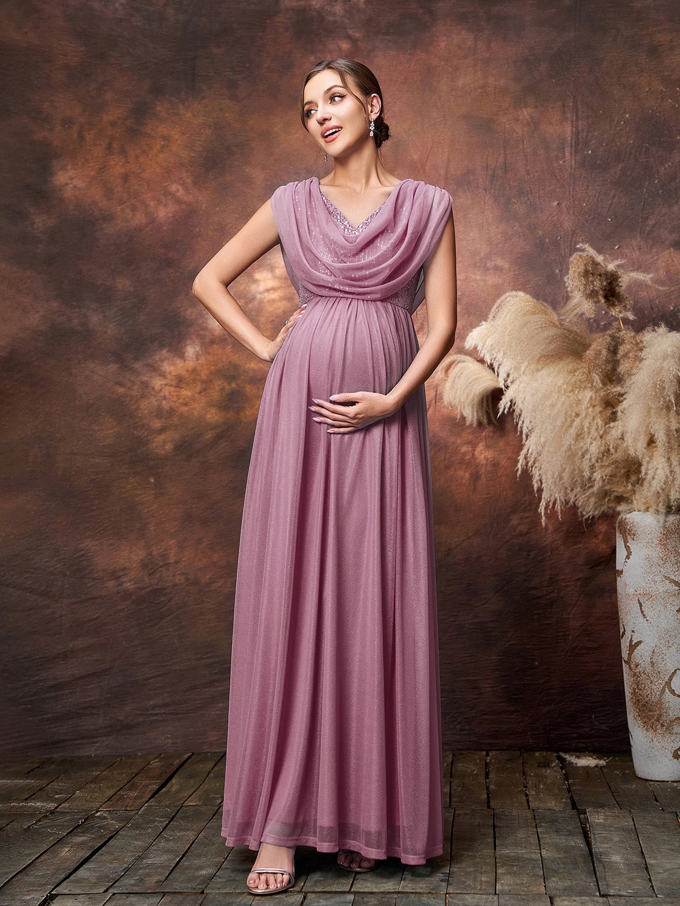 Maternity Draped Neckline Contrast Sequin Formal Party Dress