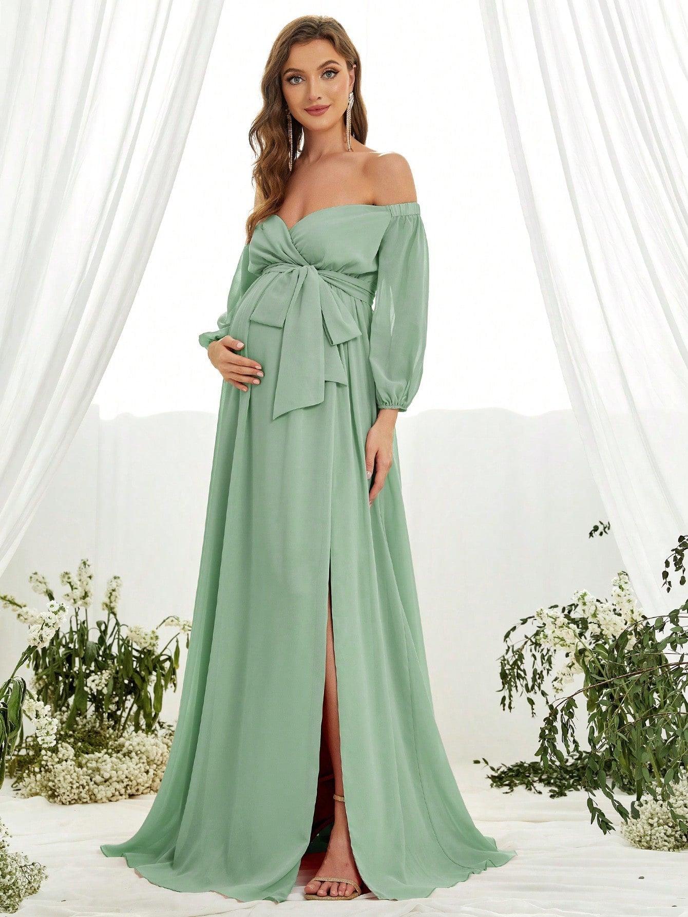 Maternity Off Shoulder Lantern Sleeve Chiffon Belted Dress - Elonnashop