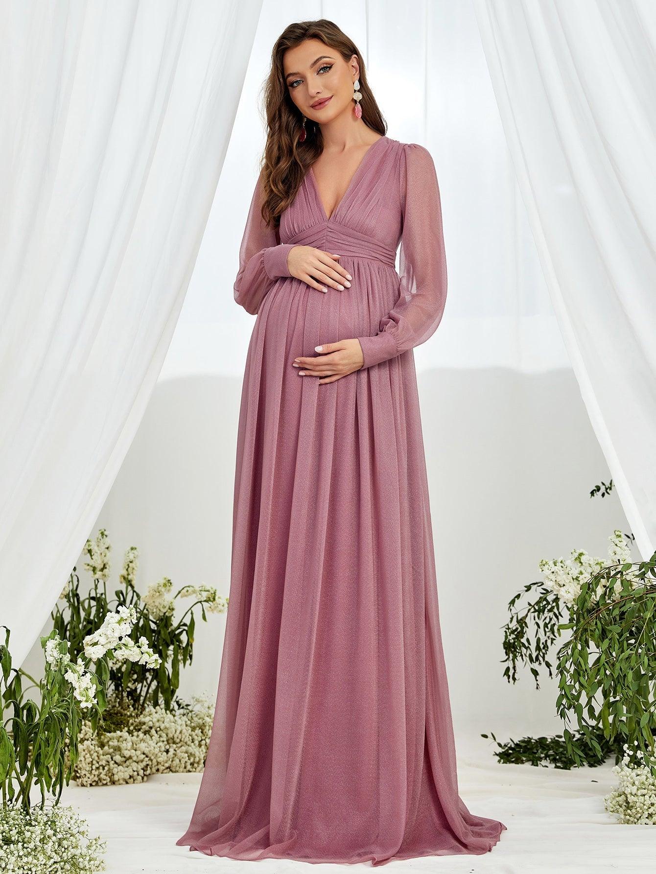 Maternity V Neck Lantern Sleeve A Line Dress - Elonnashop