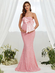 Maternity Bow Front Mermaid Hem Sequin Tube Dresses - Elonnashop