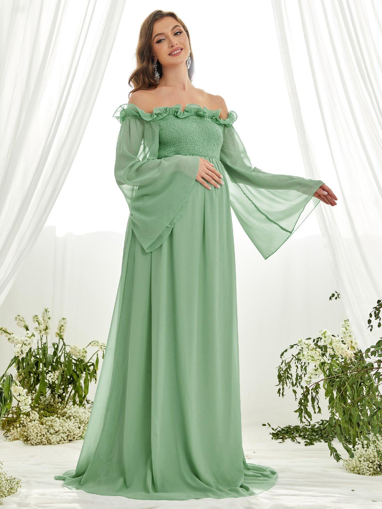 Maternity Off Shoulder Ruffle Trim Shirred Chiffon Dress - Elonnashop