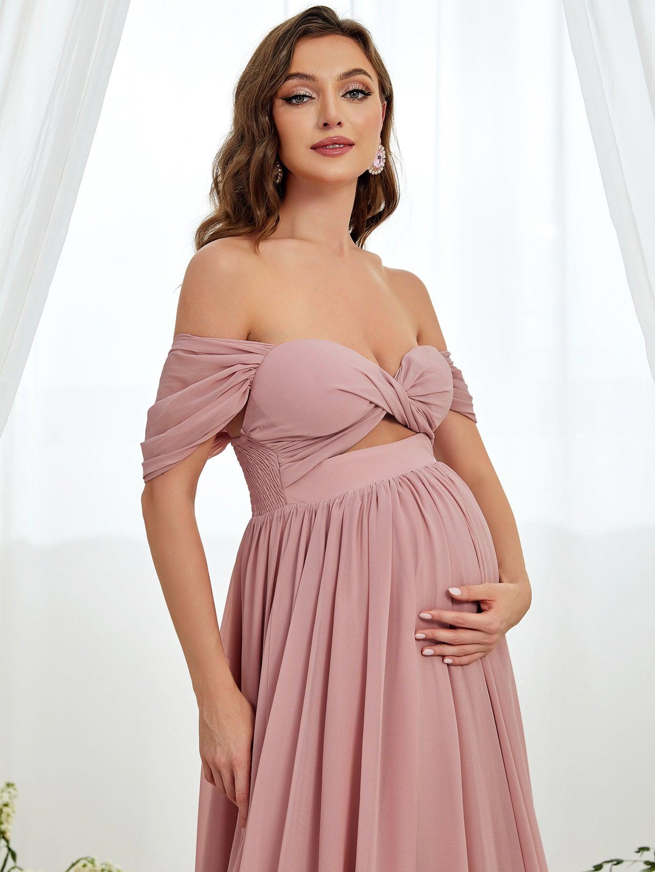 Maternity Off Shoulder Cut Out Front Chiffon Dress - Elonnashop