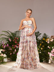 Maternity Strapless Ruffle Trim Floral Mesh Party Dress