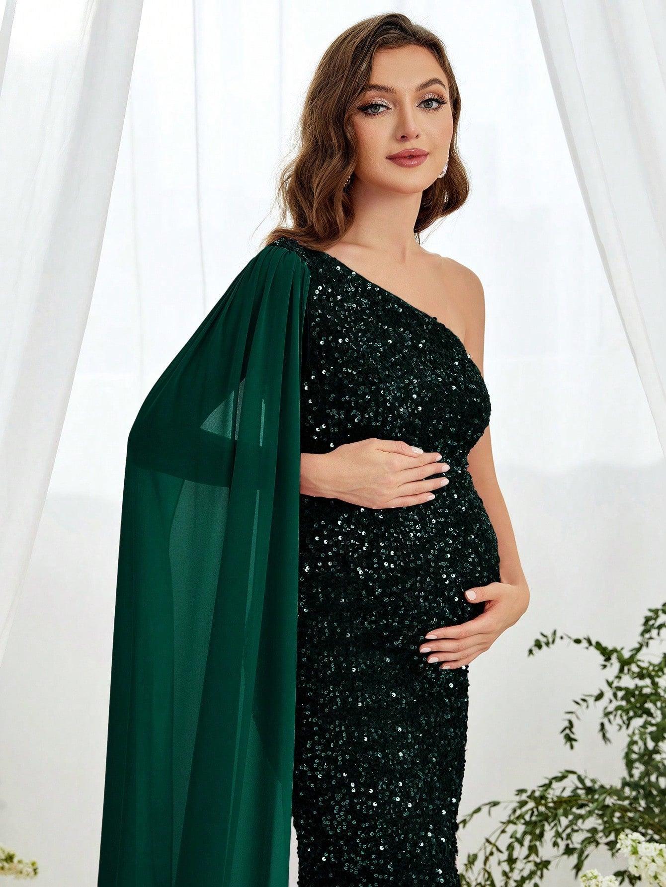 Maternity One Shoulder Draped Side Sequin Mermaid Dress - Elonnashop