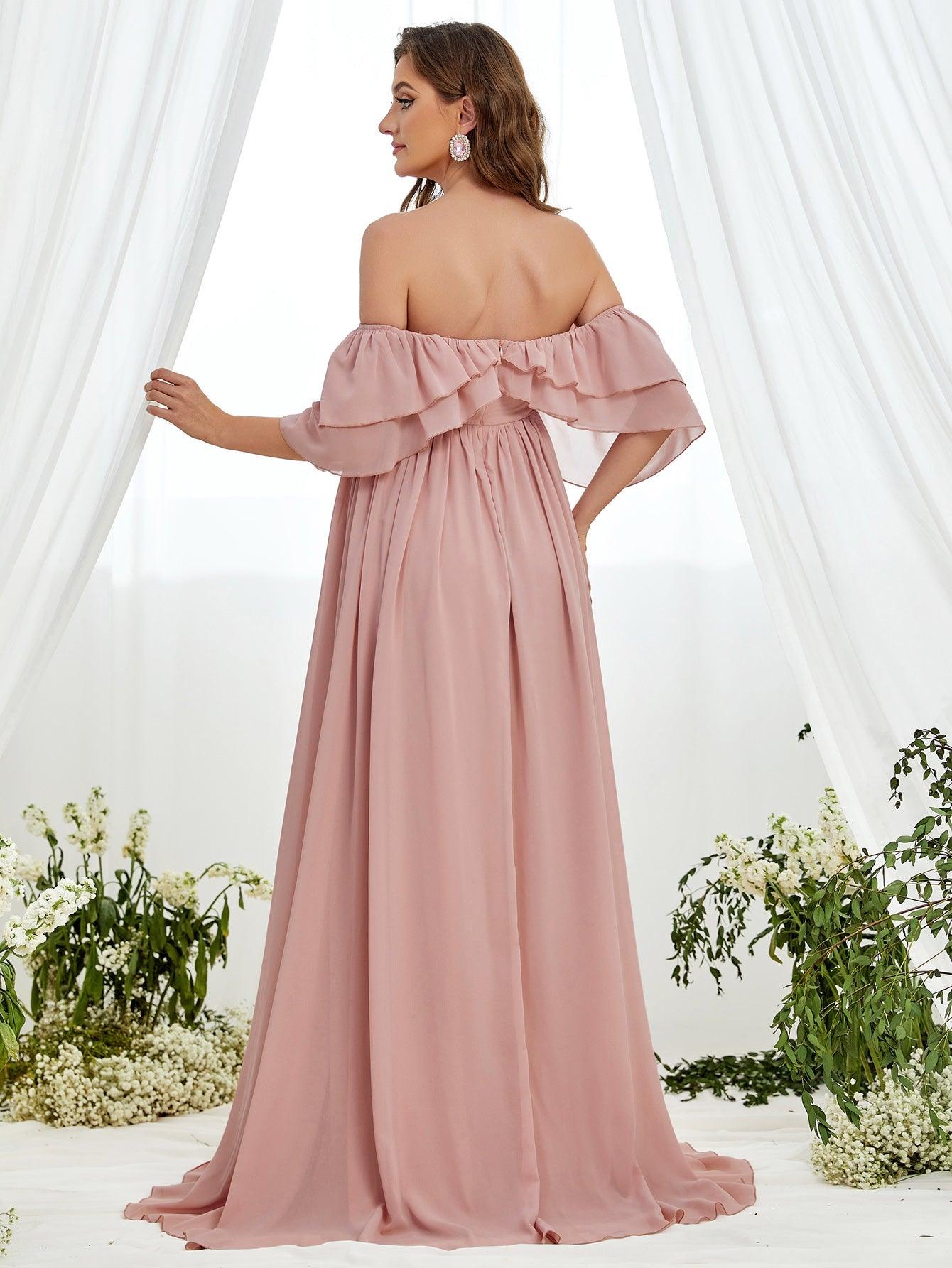 Maternity Off Shoulder Ruched Bust Layered Sleeves Chiffon Dress - Elonnashop