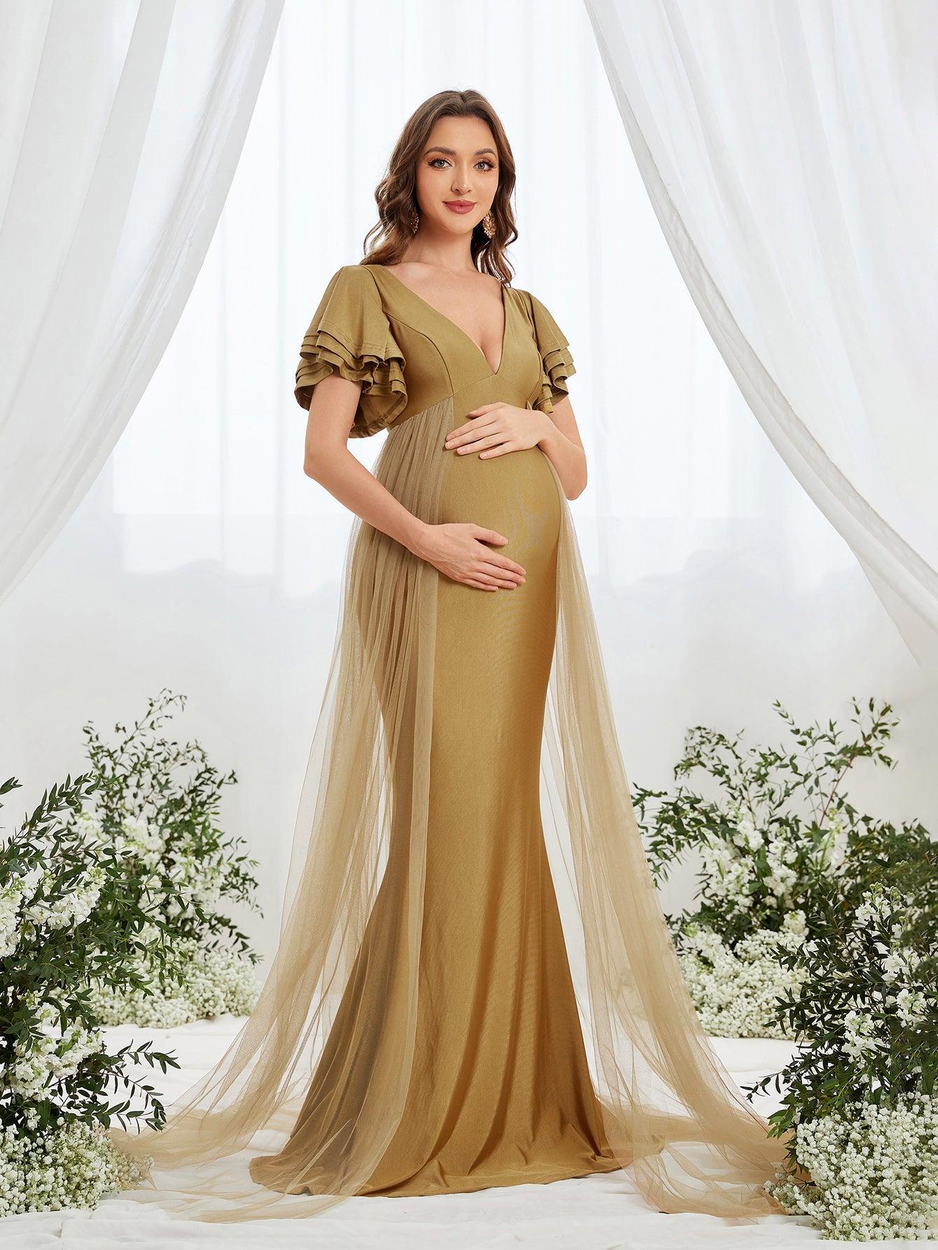 Maternity Plunging Neck Layered Ruffle Sleeve Mermaid Dress - Elonnashop