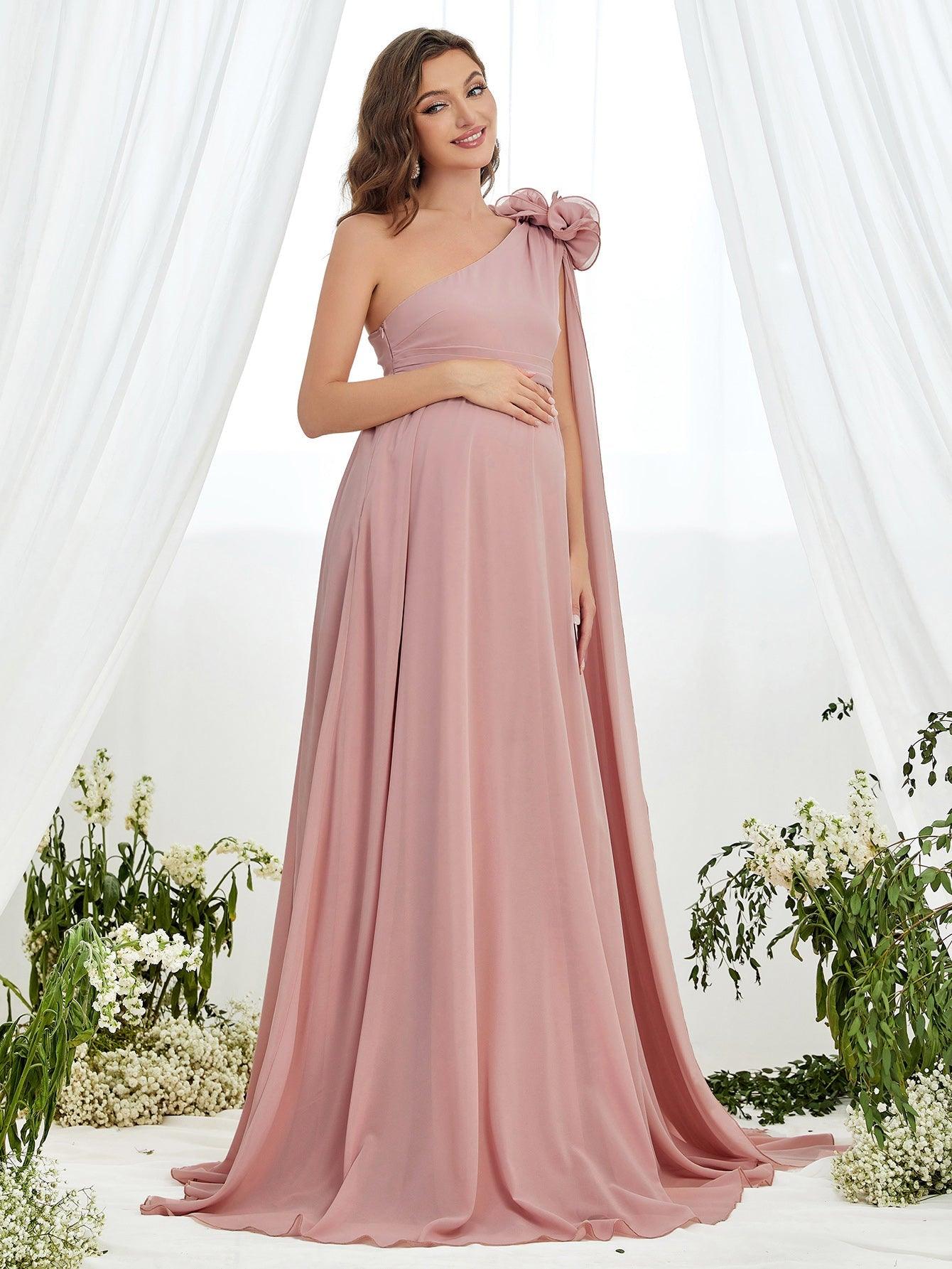 Maternity Stereo Flower Decor One Shoulder Chiffon Dress - Elonnashop