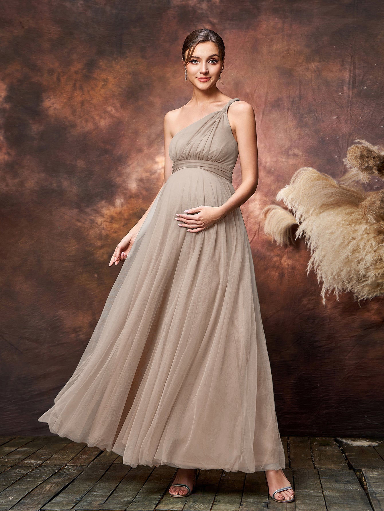 Maternity Solid One Shoulder Sleeveless Mesh Party Dress