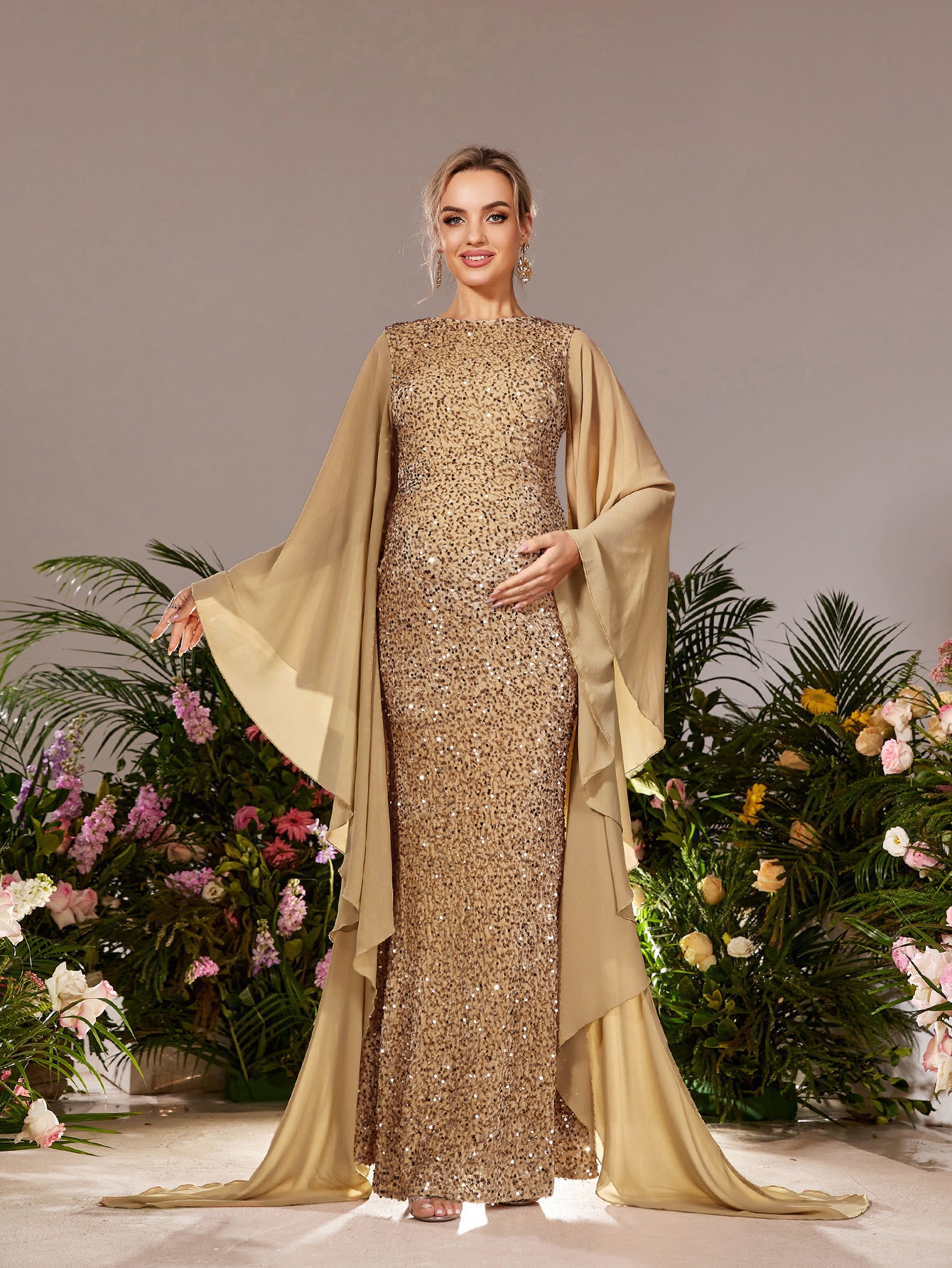 Maternity Flowing Sleeves Mermaid Hem Sequin Evening Dress