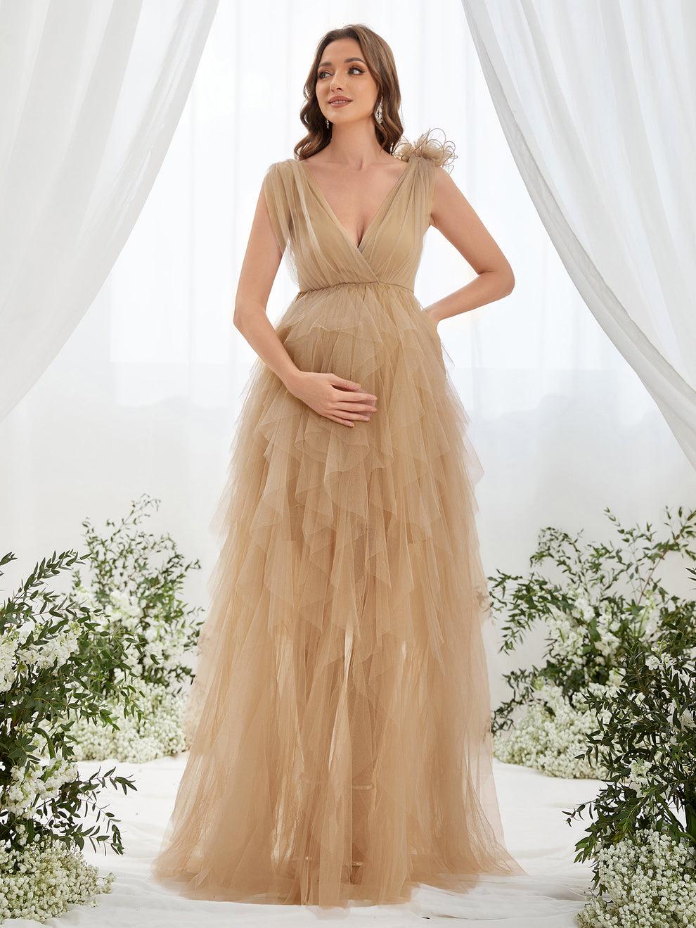 Maternity Plunging Neck Stereo Flower Mesh Overlay Party Dress - Elonnashop