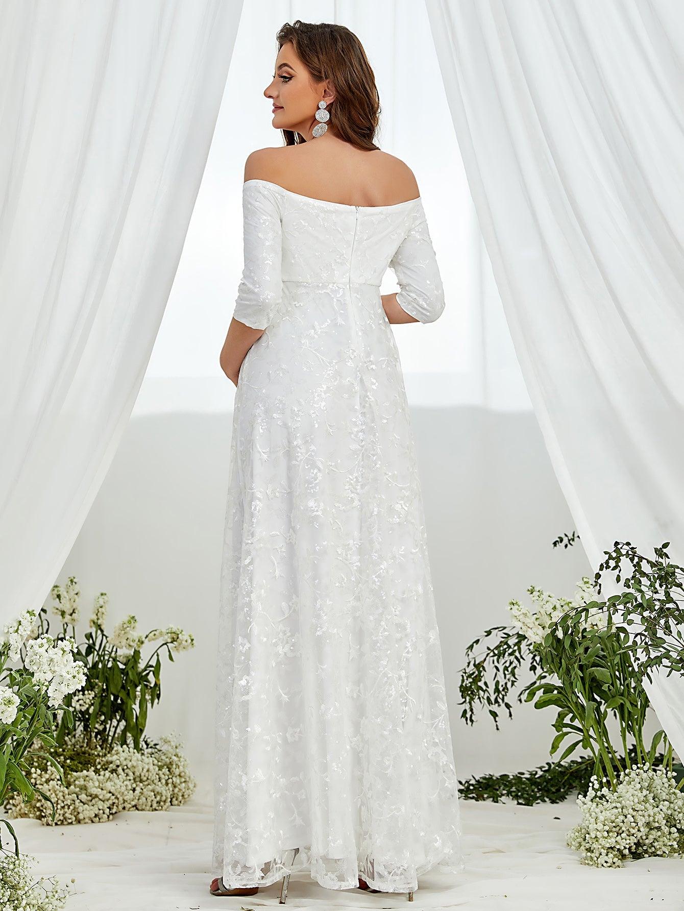 Maternity Off Shoulder Embroidered Mesh Wedding Dress - Elonnashop